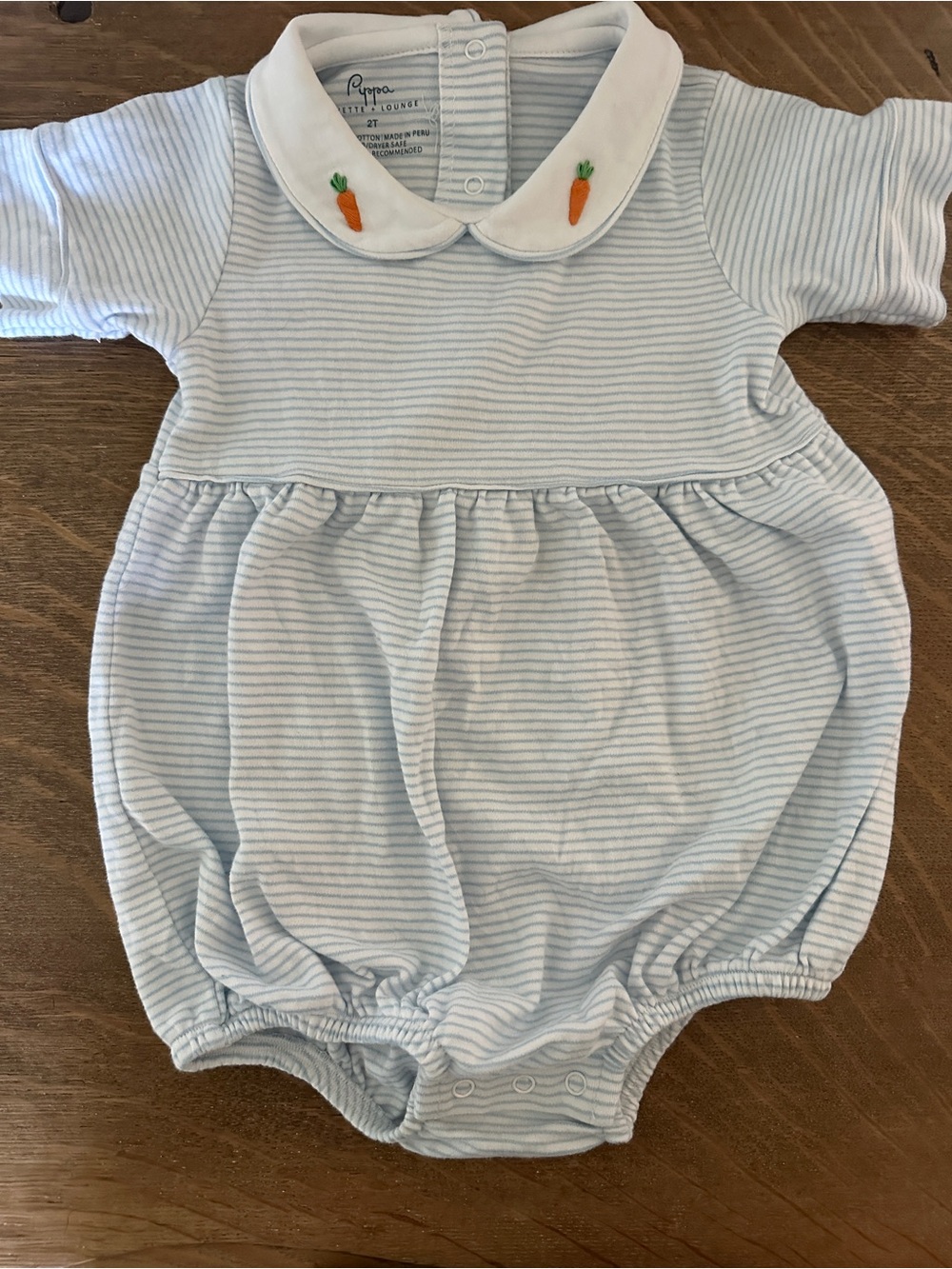 Pippa Light Blue Striped Baby Romper with Carrot Collar Detail